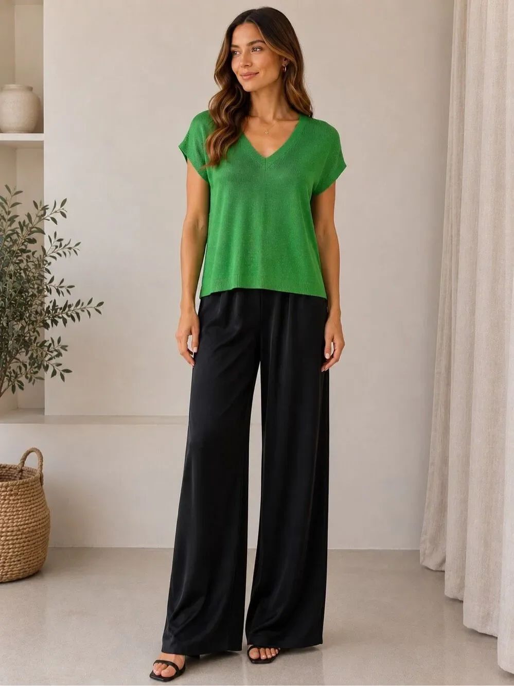 Trend By Christian Tortu Green Sheer Knit V Neck Top Size 2 EU/ M US SEE NOTES